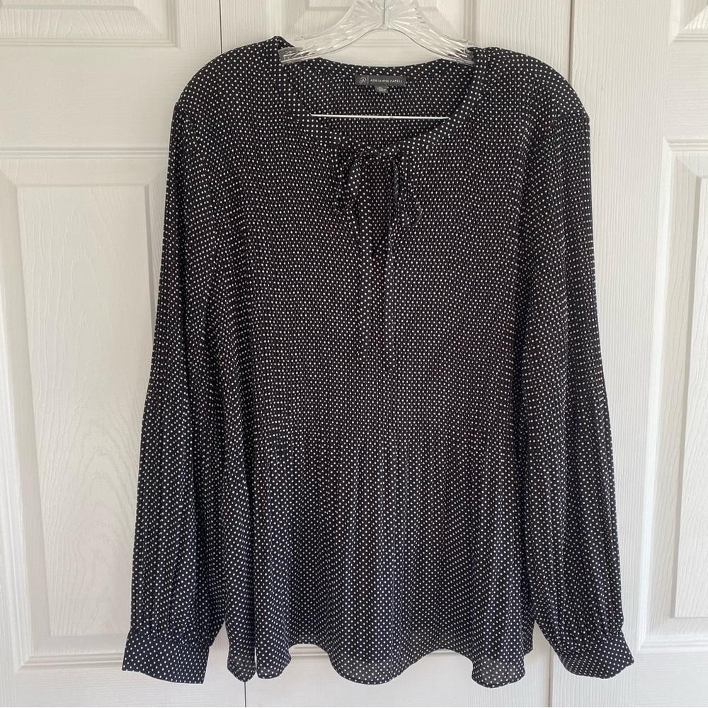 Adrianna Papell XL Tieneck Pleated Black & White Polka Dot Blouse Long Sleeve
